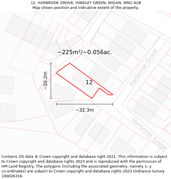 12, HARBROOK GROVE, HINDLEY GREEN, WIGAN, WN2 4UB: Plot and title map