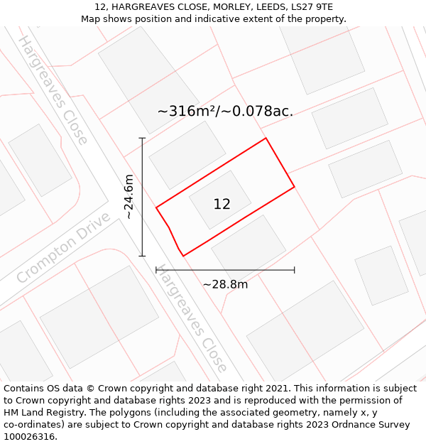 12, HARGREAVES CLOSE, MORLEY, LEEDS, LS27 9TE: Plot and title map