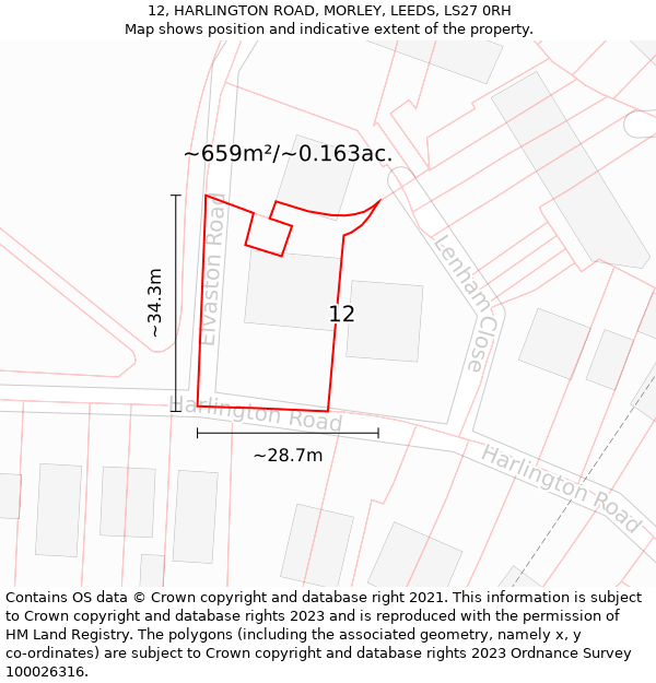 12, HARLINGTON ROAD, MORLEY, LEEDS, LS27 0RH: Plot and title map