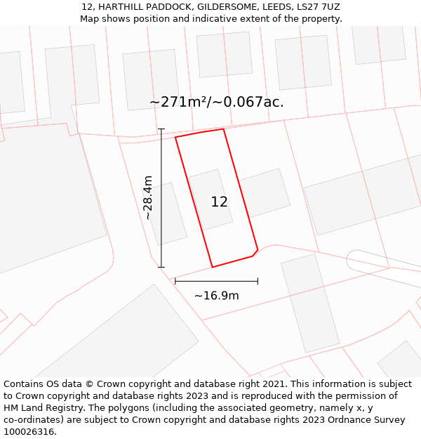 12, HARTHILL PADDOCK, GILDERSOME, LEEDS, LS27 7UZ: Plot and title map