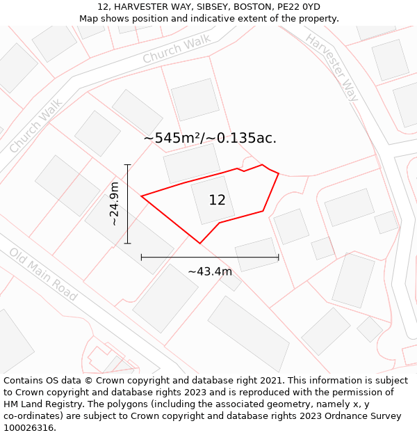 12, HARVESTER WAY, SIBSEY, BOSTON, PE22 0YD: Plot and title map