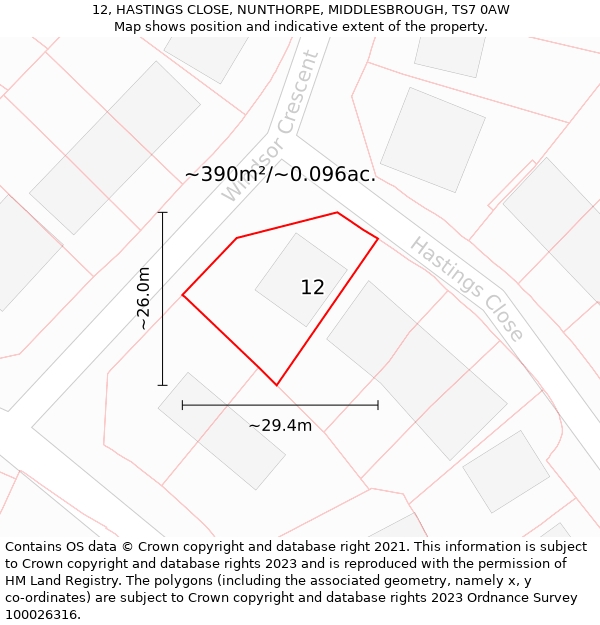 12, HASTINGS CLOSE, NUNTHORPE, MIDDLESBROUGH, TS7 0AW: Plot and title map