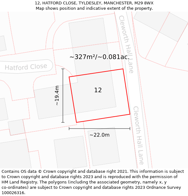 12, HATFORD CLOSE, TYLDESLEY, MANCHESTER, M29 8WX: Plot and title map