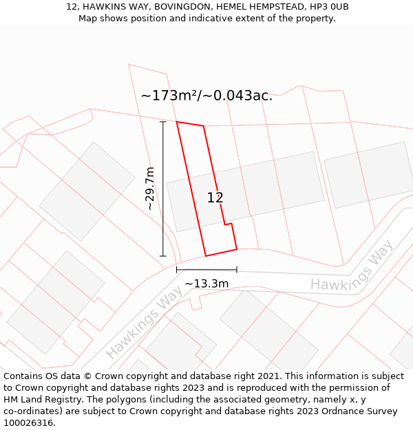 12, HAWKINS WAY, BOVINGDON, HEMEL HEMPSTEAD, HP3 0UB: Plot and title map