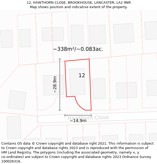 12, HAWTHORN CLOSE, BROOKHOUSE, LANCASTER, LA2 9NR: Plot and title map