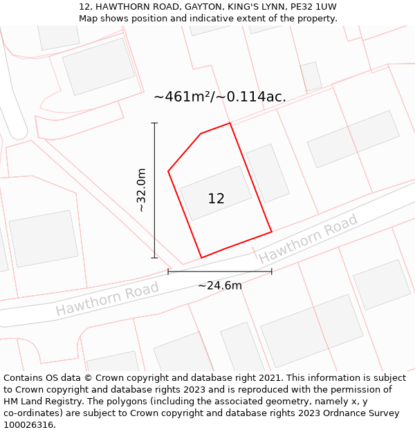 12, HAWTHORN ROAD, GAYTON, KING'S LYNN, PE32 1UW: Plot and title map