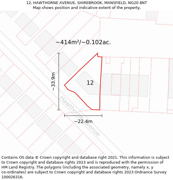 12, HAWTHORNE AVENUE, SHIREBROOK, MANSFIELD, NG20 8NT: Plot and title map