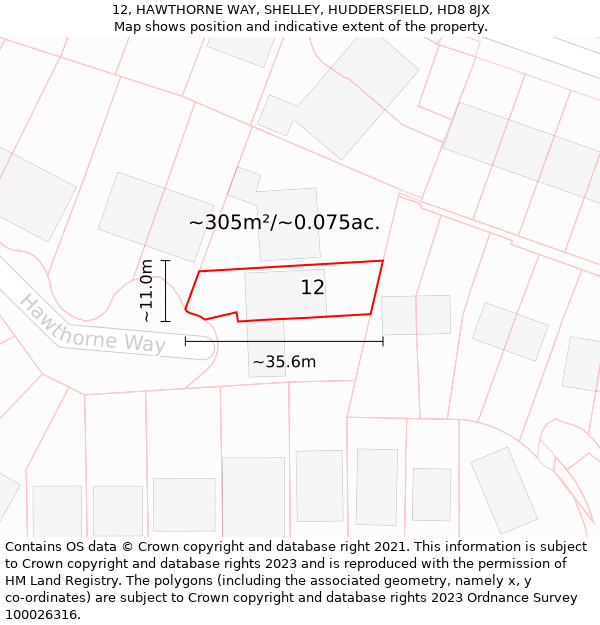 12, HAWTHORNE WAY, SHELLEY, HUDDERSFIELD, HD8 8JX: Plot and title map