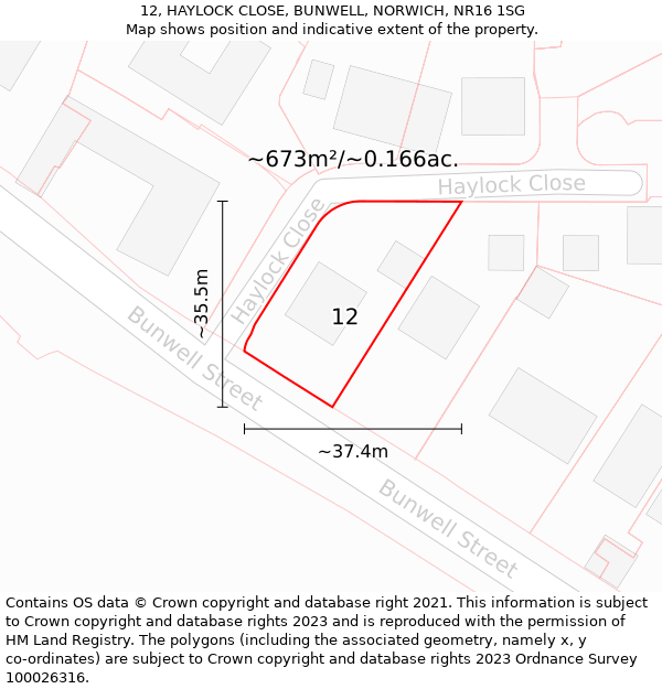 12, HAYLOCK CLOSE, BUNWELL, NORWICH, NR16 1SG: Plot and title map