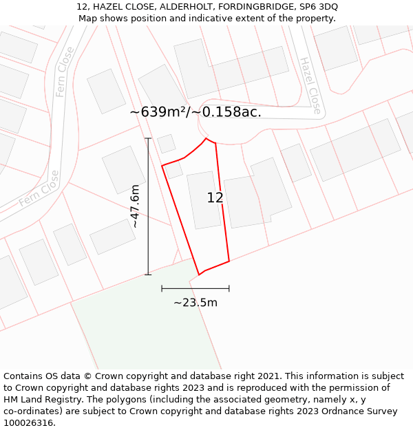 12, HAZEL CLOSE, ALDERHOLT, FORDINGBRIDGE, SP6 3DQ: Plot and title map