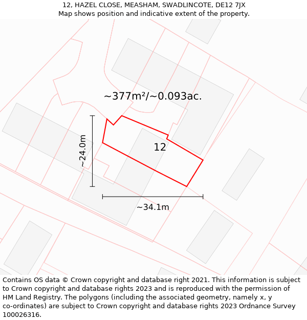 12, HAZEL CLOSE, MEASHAM, SWADLINCOTE, DE12 7JX: Plot and title map