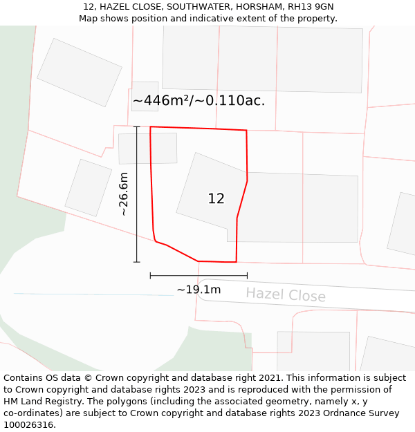 12, HAZEL CLOSE, SOUTHWATER, HORSHAM, RH13 9GN: Plot and title map