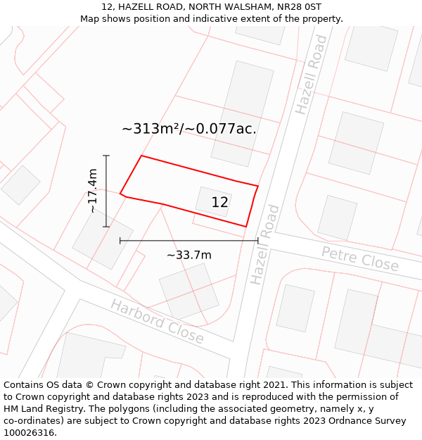 12, HAZELL ROAD, NORTH WALSHAM, NR28 0ST: Plot and title map