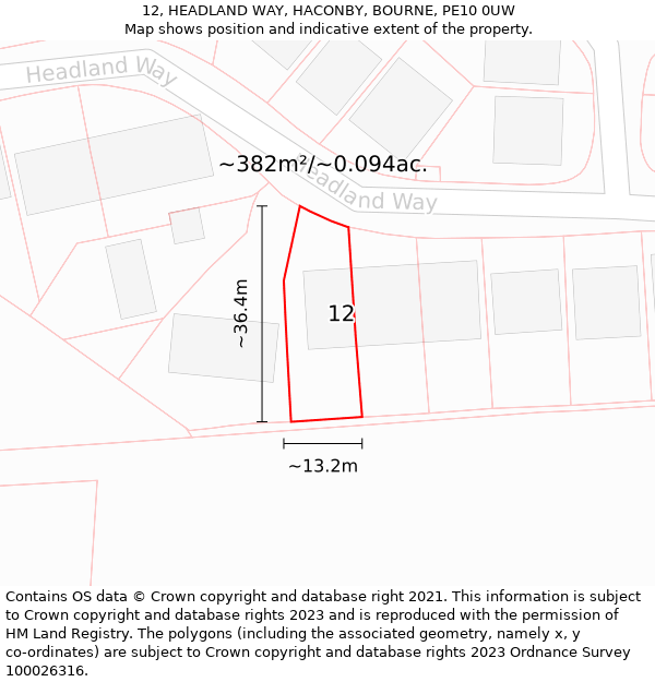 12, HEADLAND WAY, HACONBY, BOURNE, PE10 0UW: Plot and title map