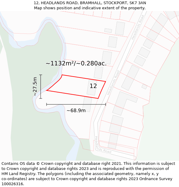 12, HEADLANDS ROAD, BRAMHALL, STOCKPORT, SK7 3AN: Plot and title map