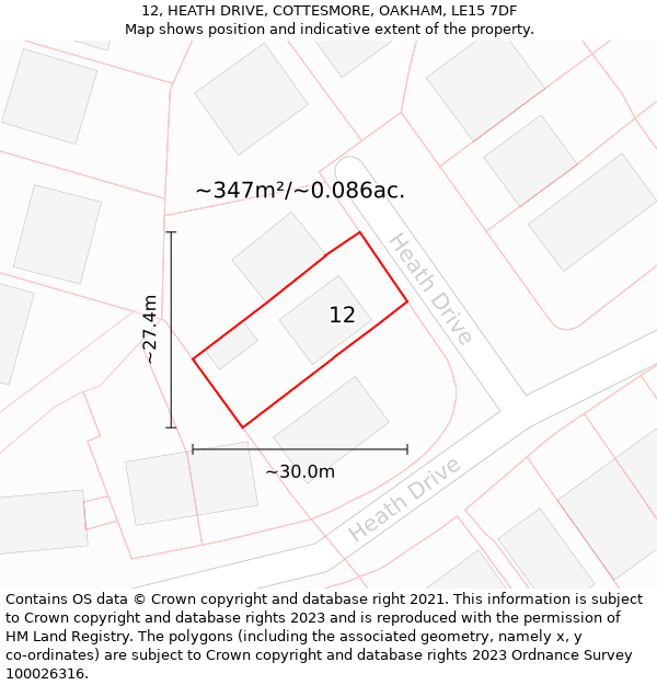 12, HEATH DRIVE, COTTESMORE, OAKHAM, LE15 7DF: Plot and title map