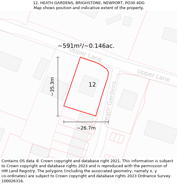 12, HEATH GARDENS, BRIGHSTONE, NEWPORT, PO30 4DG: Plot and title map