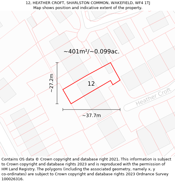 12, HEATHER CROFT, SHARLSTON COMMON, WAKEFIELD, WF4 1TJ: Plot and title map