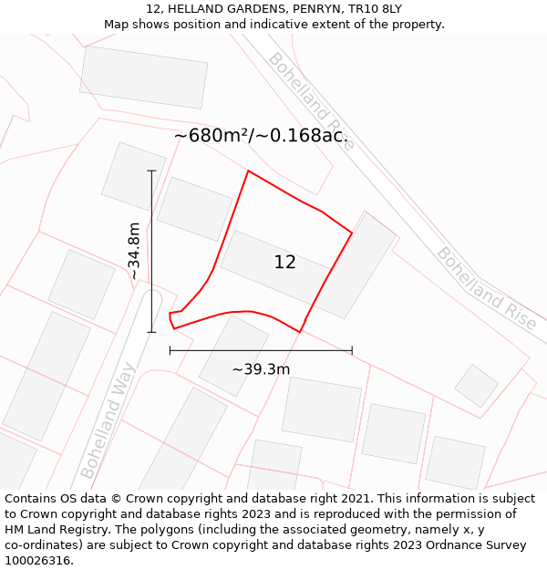 12, HELLAND GARDENS, PENRYN, TR10 8LY: Plot and title map