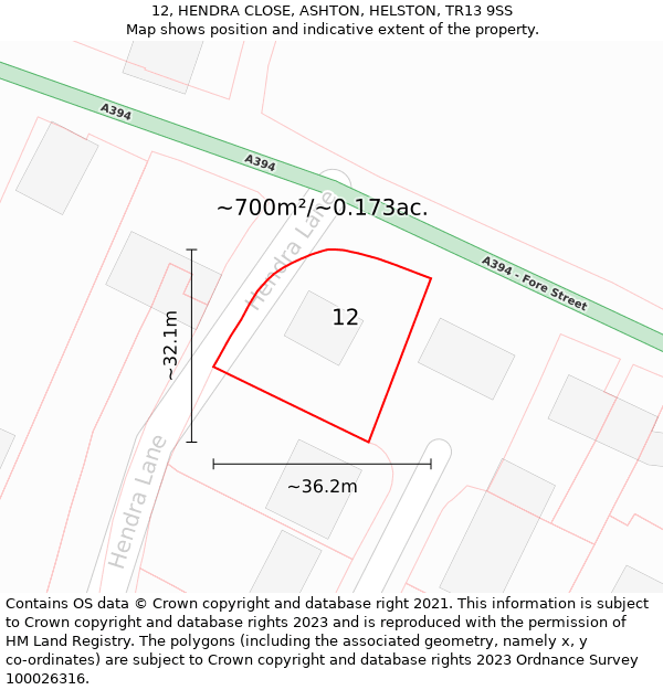 12, HENDRA CLOSE, ASHTON, HELSTON, TR13 9SS: Plot and title map