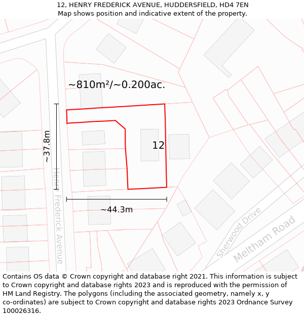 12, HENRY FREDERICK AVENUE, HUDDERSFIELD, HD4 7EN: Plot and title map