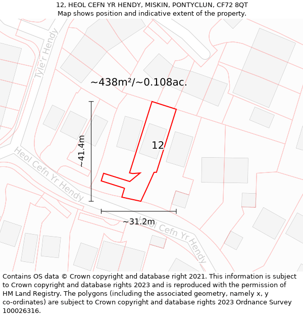 12, HEOL CEFN YR HENDY, MISKIN, PONTYCLUN, CF72 8QT: Plot and title map