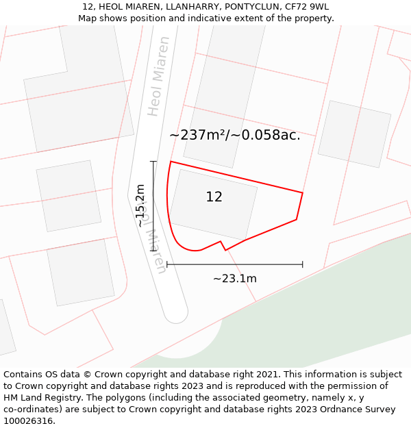 12, HEOL MIAREN, LLANHARRY, PONTYCLUN, CF72 9WL: Plot and title map