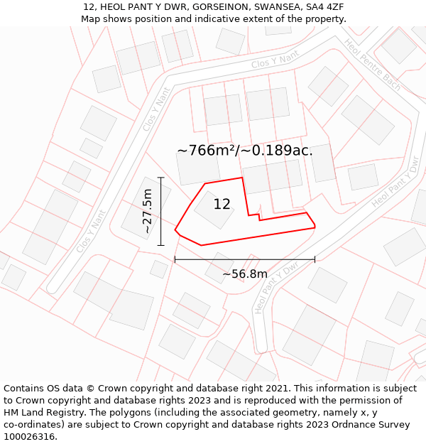 12, HEOL PANT Y DWR, GORSEINON, SWANSEA, SA4 4ZF: Plot and title map