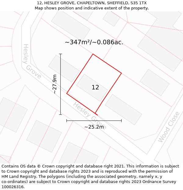 12, HESLEY GROVE, CHAPELTOWN, SHEFFIELD, S35 1TX: Plot and title map