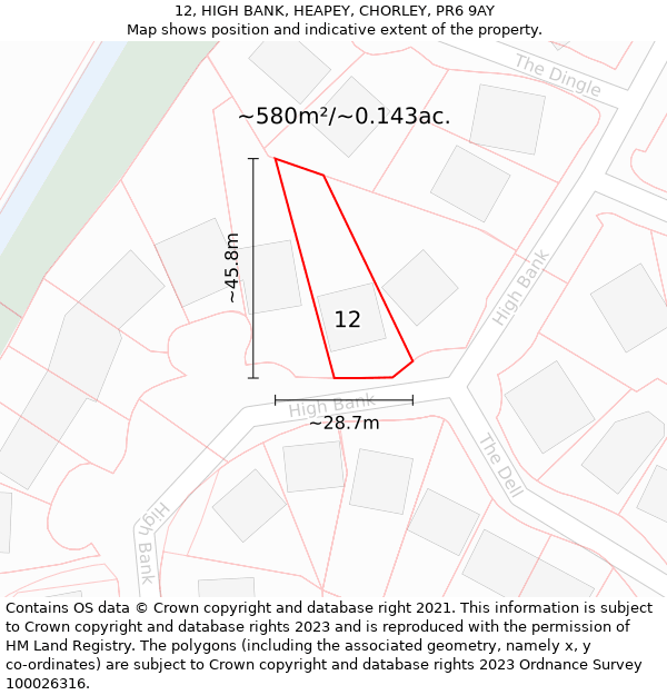 12, HIGH BANK, HEAPEY, CHORLEY, PR6 9AY: Plot and title map