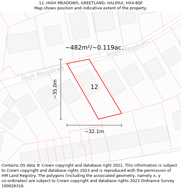 12, HIGH MEADOWS, GREETLAND, HALIFAX, HX4 8QF: Plot and title map