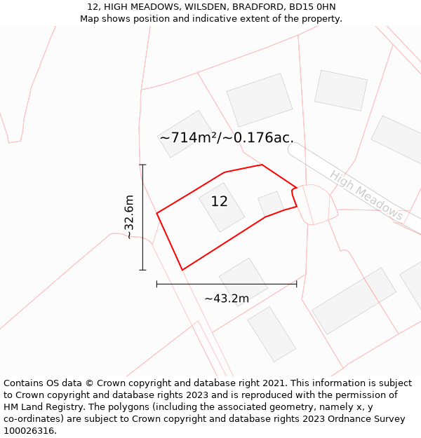 12, HIGH MEADOWS, WILSDEN, BRADFORD, BD15 0HN: Plot and title map