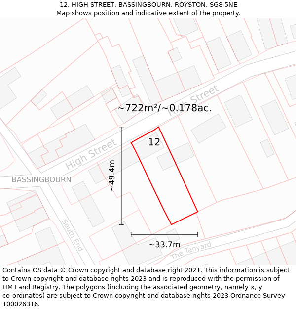 12, HIGH STREET, BASSINGBOURN, ROYSTON, SG8 5NE: Plot and title map