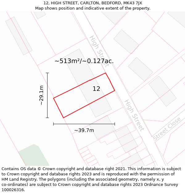 12, HIGH STREET, CARLTON, BEDFORD, MK43 7JX: Plot and title map