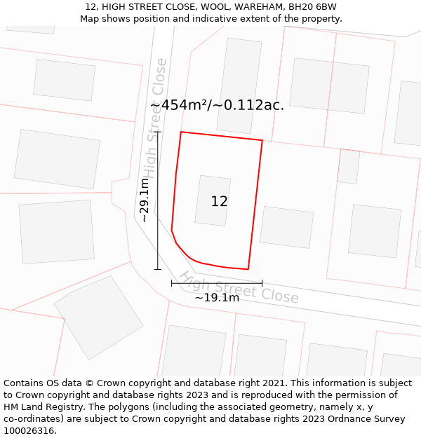 12, HIGH STREET CLOSE, WOOL, WAREHAM, BH20 6BW: Plot and title map