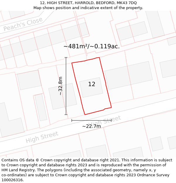12, HIGH STREET, HARROLD, BEDFORD, MK43 7DQ: Plot and title map