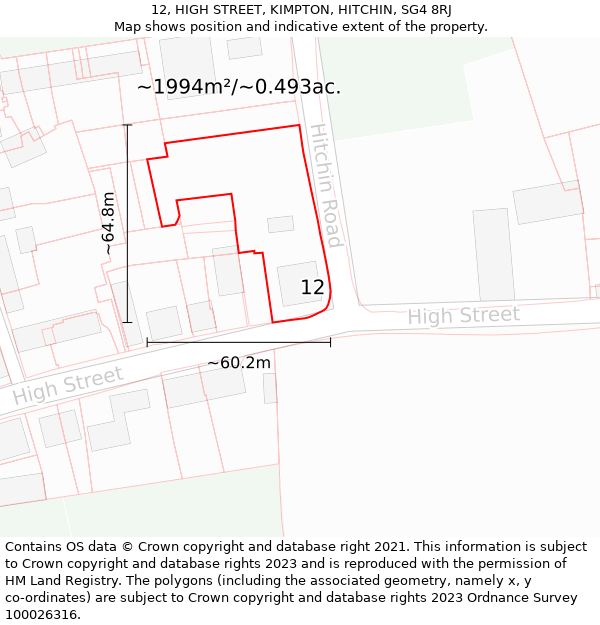 12, HIGH STREET, KIMPTON, HITCHIN, SG4 8RJ: Plot and title map