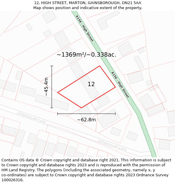 12, HIGH STREET, MARTON, GAINSBOROUGH, DN21 5AA: Plot and title map