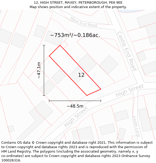 12, HIGH STREET, MAXEY, PETERBOROUGH, PE6 9EE: Plot and title map