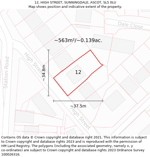 12, HIGH STREET, SUNNINGDALE, ASCOT, SL5 0LU: Plot and title map