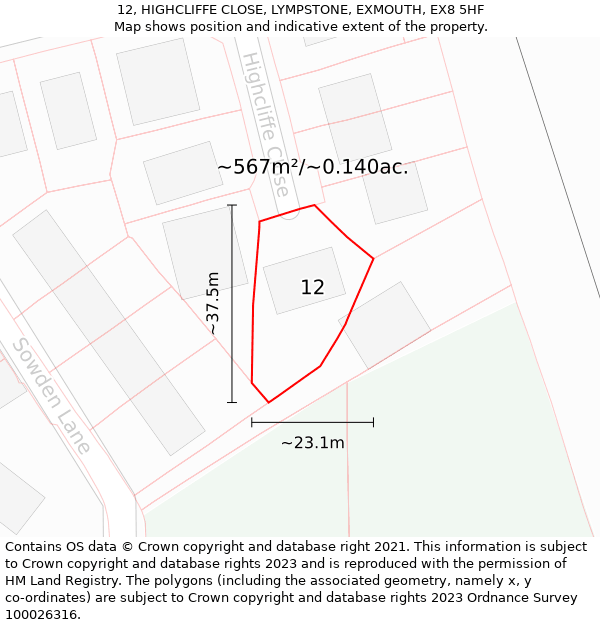 12, HIGHCLIFFE CLOSE, LYMPSTONE, EXMOUTH, EX8 5HF: Plot and title map