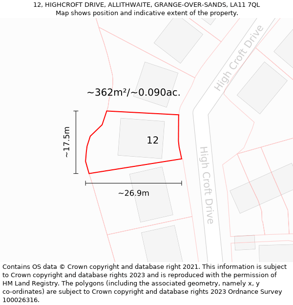 12, HIGHCROFT DRIVE, ALLITHWAITE, GRANGE-OVER-SANDS, LA11 7QL: Plot and title map