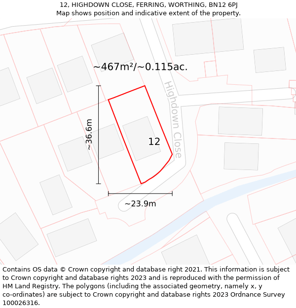 12, HIGHDOWN CLOSE, FERRING, WORTHING, BN12 6PJ: Plot and title map