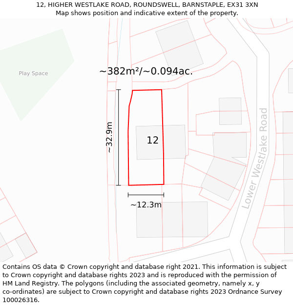 12, HIGHER WESTLAKE ROAD, ROUNDSWELL, BARNSTAPLE, EX31 3XN: Plot and title map