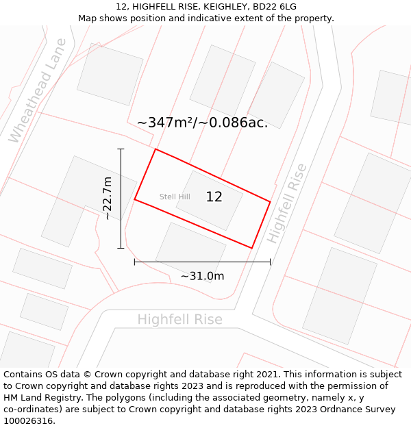 12, HIGHFELL RISE, KEIGHLEY, BD22 6LG: Plot and title map