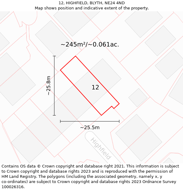 12, HIGHFIELD, BLYTH, NE24 4ND: Plot and title map