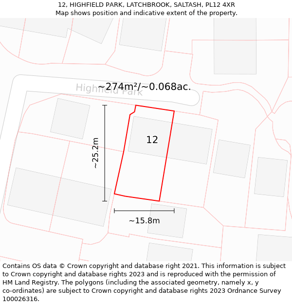 12, HIGHFIELD PARK, LATCHBROOK, SALTASH, PL12 4XR: Plot and title map