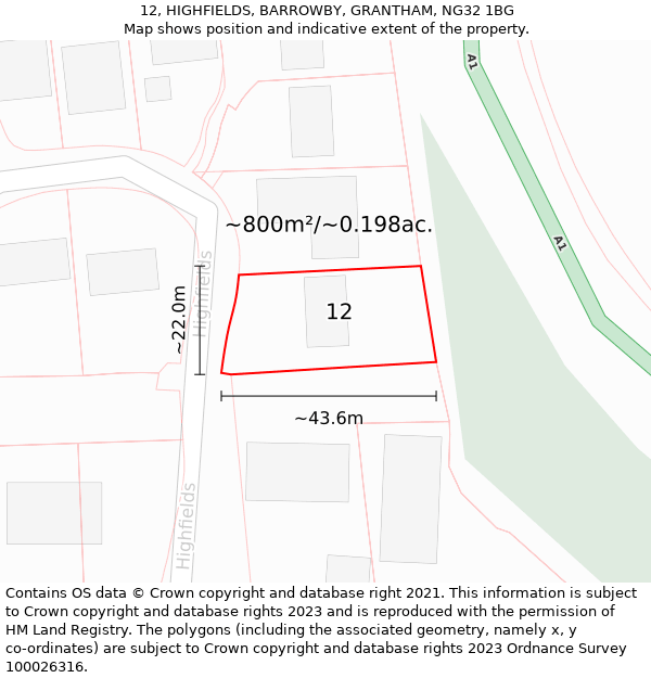 12, HIGHFIELDS, BARROWBY, GRANTHAM, NG32 1BG: Plot and title map