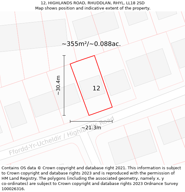 12, HIGHLANDS ROAD, RHUDDLAN, RHYL, LL18 2SD: Plot and title map