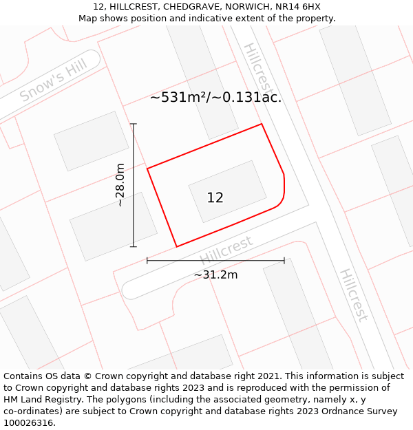 12, HILLCREST, CHEDGRAVE, NORWICH, NR14 6HX: Plot and title map